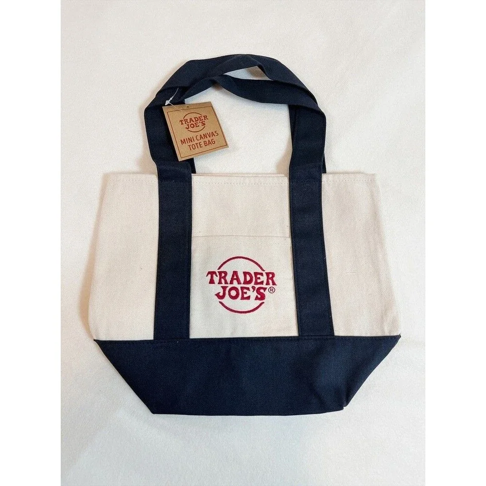 Trader Joe's Navy Canvas Mini Tote Bag Embroidered Double Handles NWT